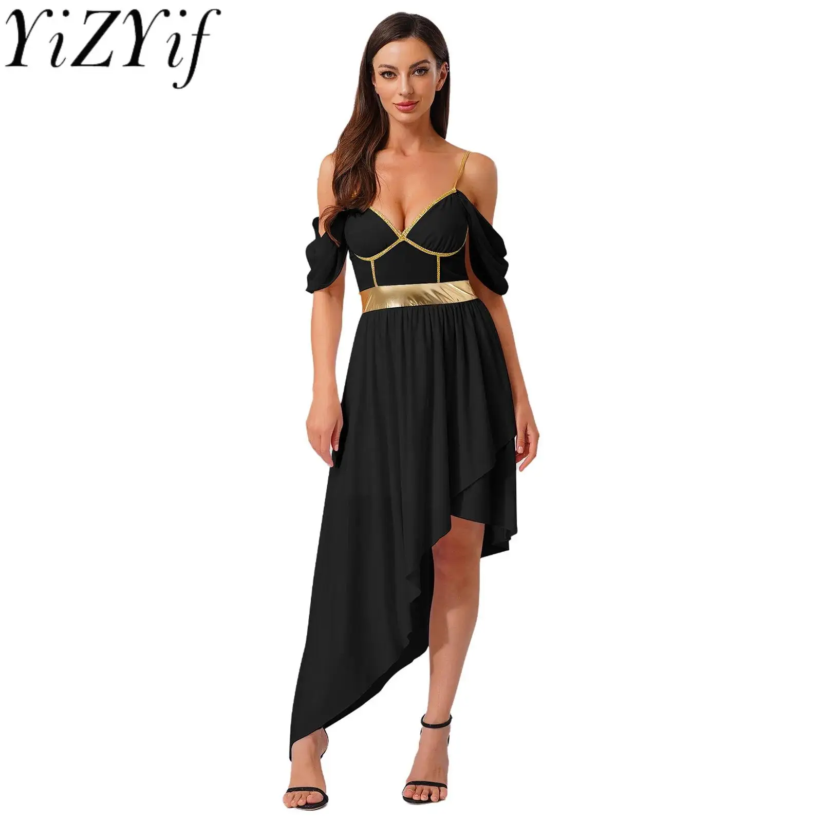 

Women Carnival Medieval Greek Queen Athena Princess Egyptian Role Play Dress Metallic Shiny Halloween Party Fancy Costume
