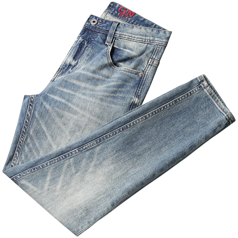 Newly Vintage Fashion Men Jeans High Quality Retro Blue Elastic Slim Ripped Jeans Men Plain Washed Designer Denim Pants Hombre