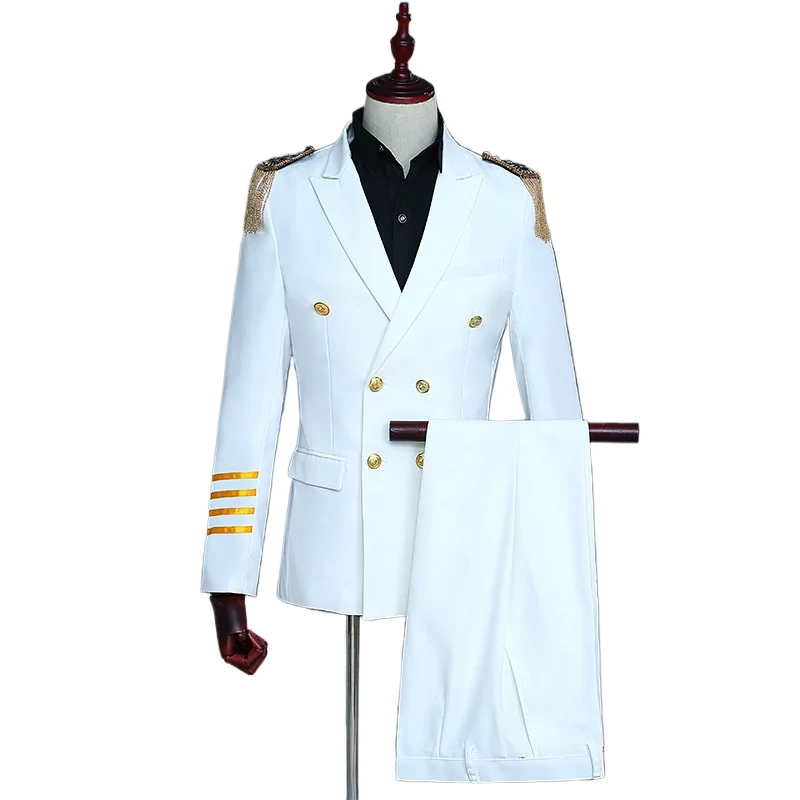 Double Breasted Captain's Suits for Men 2-piece, Party Tassel Shoulder Patch Military Performance Blazer+pants,studio Photo Gown