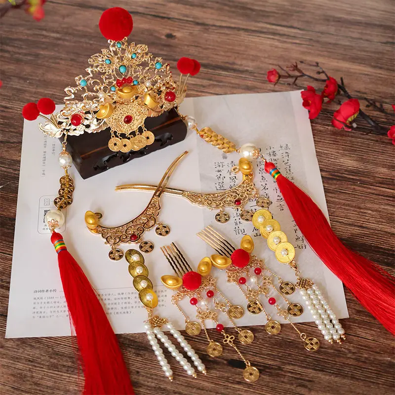 Chinese New Year God Of Wealth Hanfu Hair Accessories Set Red Pom Pom Tassel Hair Crown Combs Clips Hairpins Festive Headdress