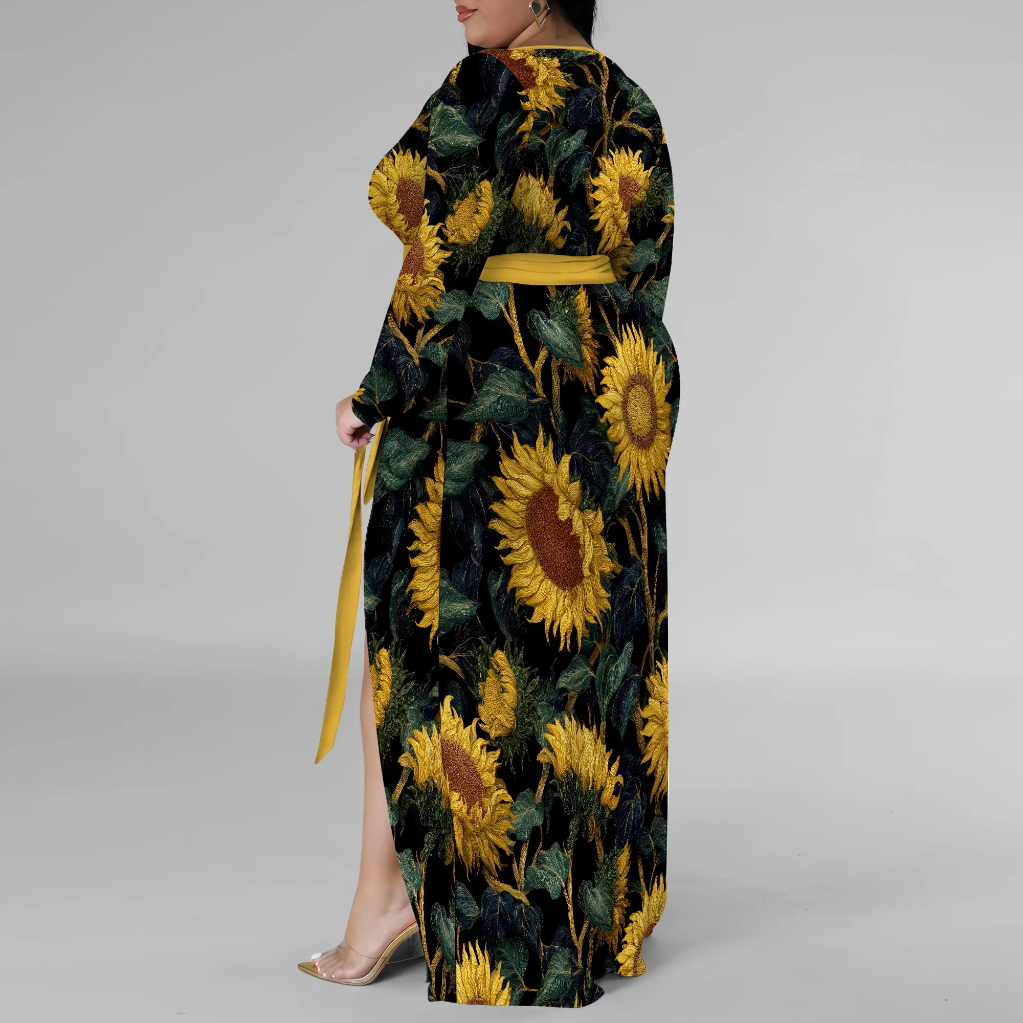 Nupusa zwarte zonnebloemprintjurk voor dames plus maat casual maxi-jurk met V-hals en lange mouwen en riem