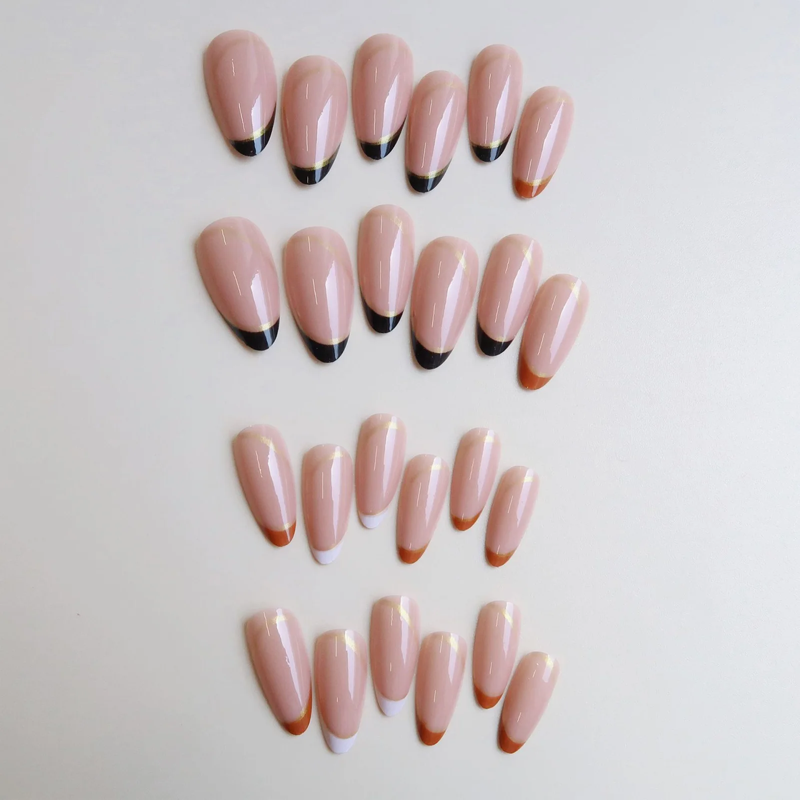 Gold Line Decor Pink Pointed Tip False Nails Ultra-flexible Long Lasting Fake Nails for Hot Girl Dress Matching