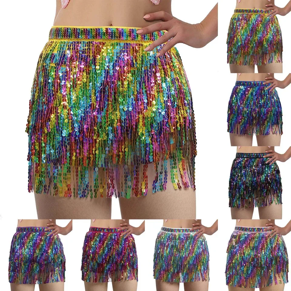 Women Scarf Sequin Tassel Skirt Music Club Belly Dance Sparkly Skirt Rave Costume For Women Female Lining Mini Skirts