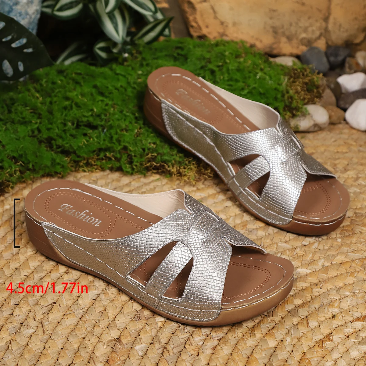 Women Shiny Metallic Wedge Slide Sandals Open Toe Cross Strap Soft Platform Non‑Slip Casual Outdoor Summer Slippers