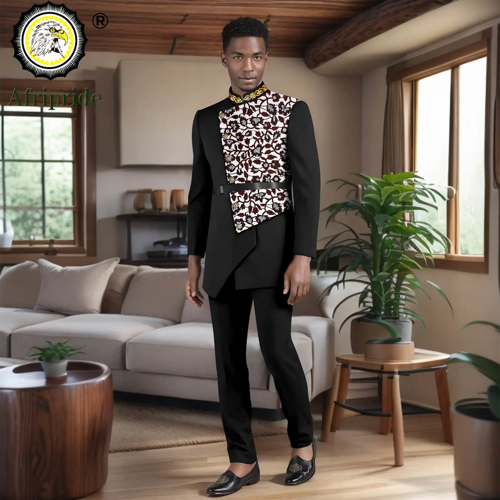 African Suits for Men Single Breasted Print Jackets and Pants 2 Piece Set Dashiki Clothes Formal Outfits with Belt 2516007