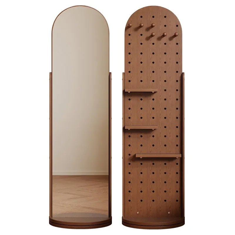 Rotating Full Length Mirror with Clothes Hanger Perforated Board Floor Standing Dressing Mirror for Bedroom Living Room
