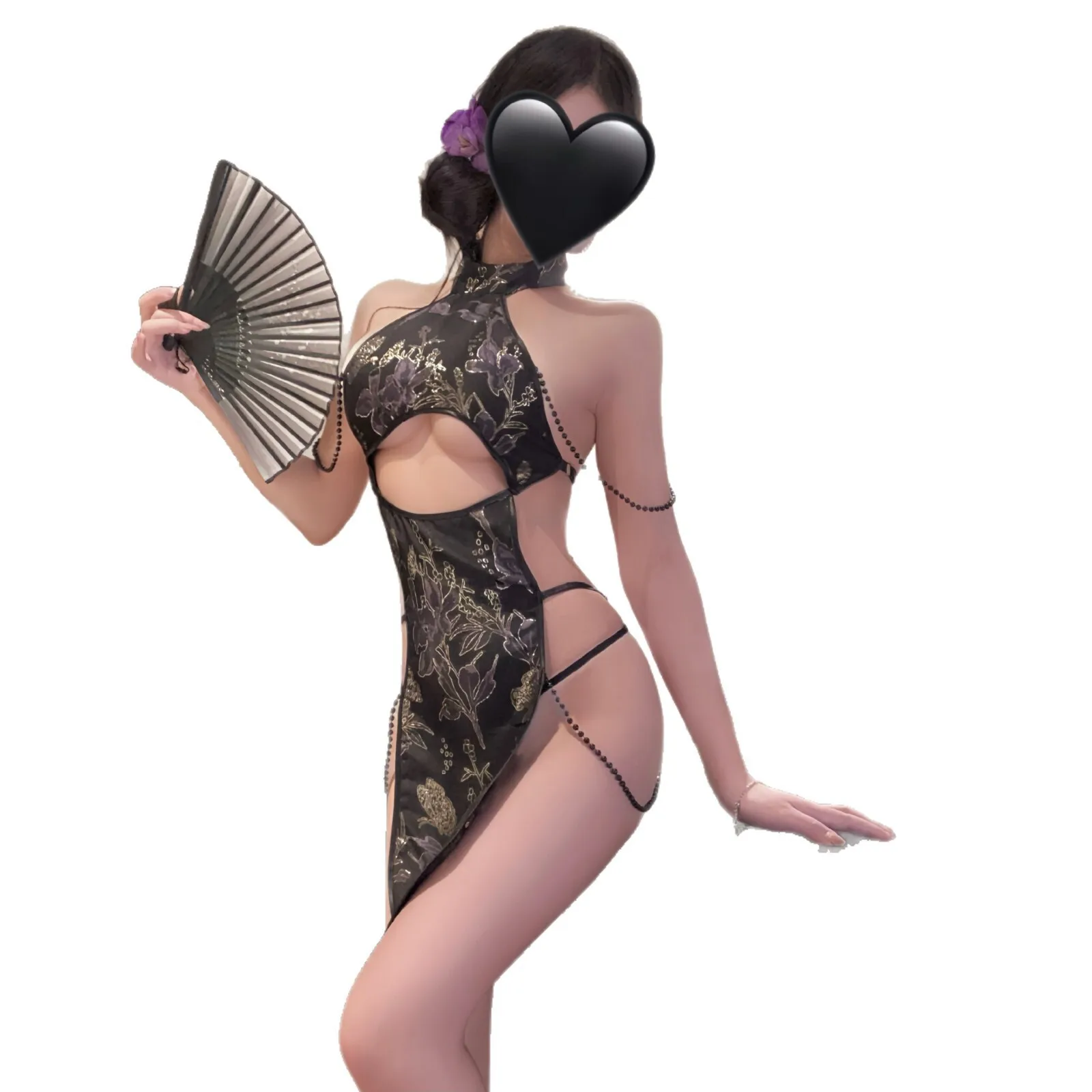 

Sexy Nightwear Sexy Classic Cheongsam Hollow-out Uniform Dress Pure Desire Dress Hanging Neck Off-the-shoulder Dress Casual 307G