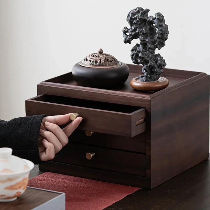 Walnut Wood Pu Erh Tea Cake Box Chinese Multi-layer Drawer Cabinet Dustproof Storage Box Brass Handle Tea Tray