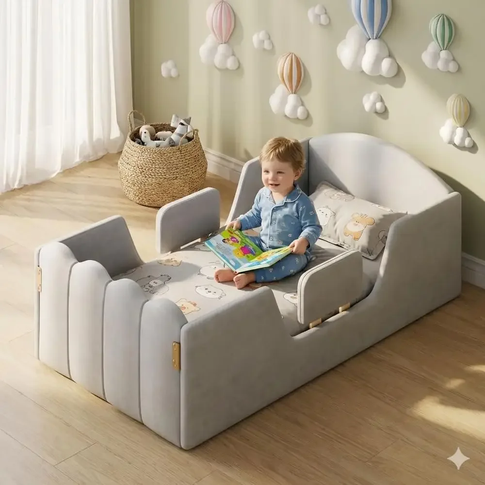 

Extra Safety Toddler Bed with Wide Frame, Certified Fabric, No Mattress Included (Grey)