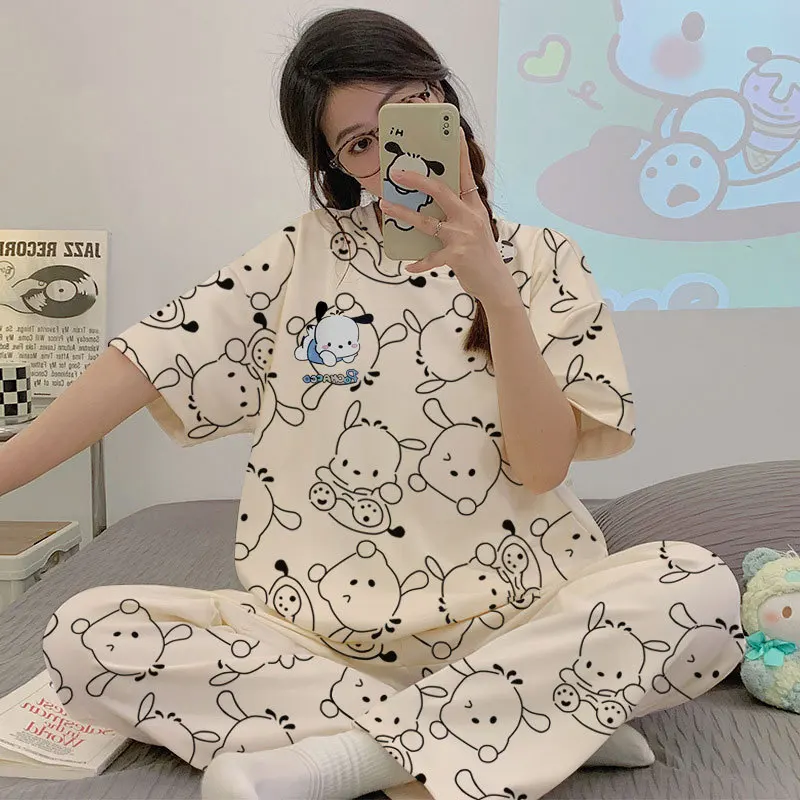 

2Pcs Cute Anime Print Women's Pajamas Sweet Girly Cardigan Short Sleeves Trousers Home Clothes Cartoon Kawaii Student Pajama Set