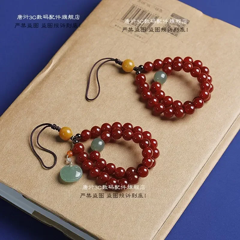 

2004 NewLanyard Wrist Rope Women's High-end Natural Red Agate Jade National Fashion Vintage Windmill Keychain Mobile Phone Chain