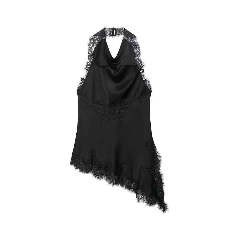 MUJER Schwarze Spitzenoberteile für Damen, asymmetrisches Neckholder-Damenoberteil, sexy rückenfreies Satin-Top, schulterfreies Leibchen-Top für Damen