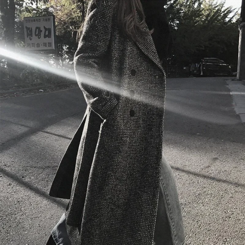 2023 Winter New Women Fashion Long Below The Knee Wool Coat Female Plaid Casual Temperament Thicken All-match Woolen Outwear