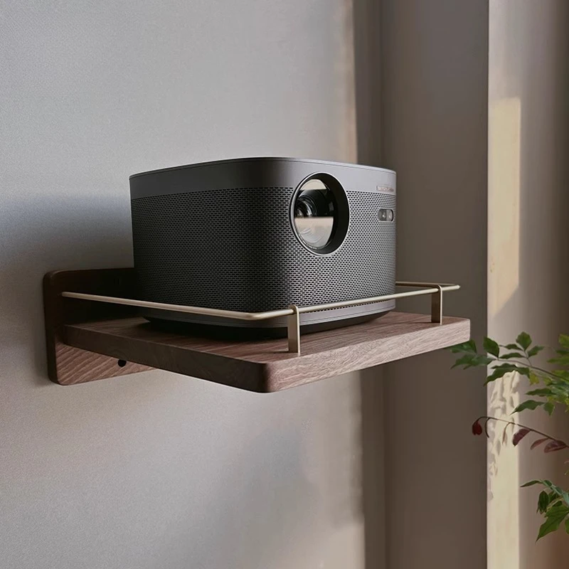 Walnut Projector Shelf Wall Mounted Display Stand with Brass Railing AV Equipment Organizer Floating TV Console for Home Theater