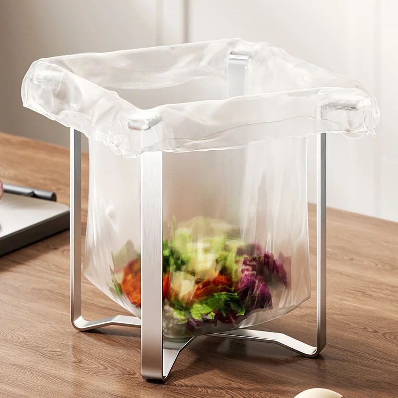 Suporte Dobrável para Sacos de Lixo em Aço Inoxidável - Organizador e Suporte para Sacos de Lixo de Bancada de Cozinha