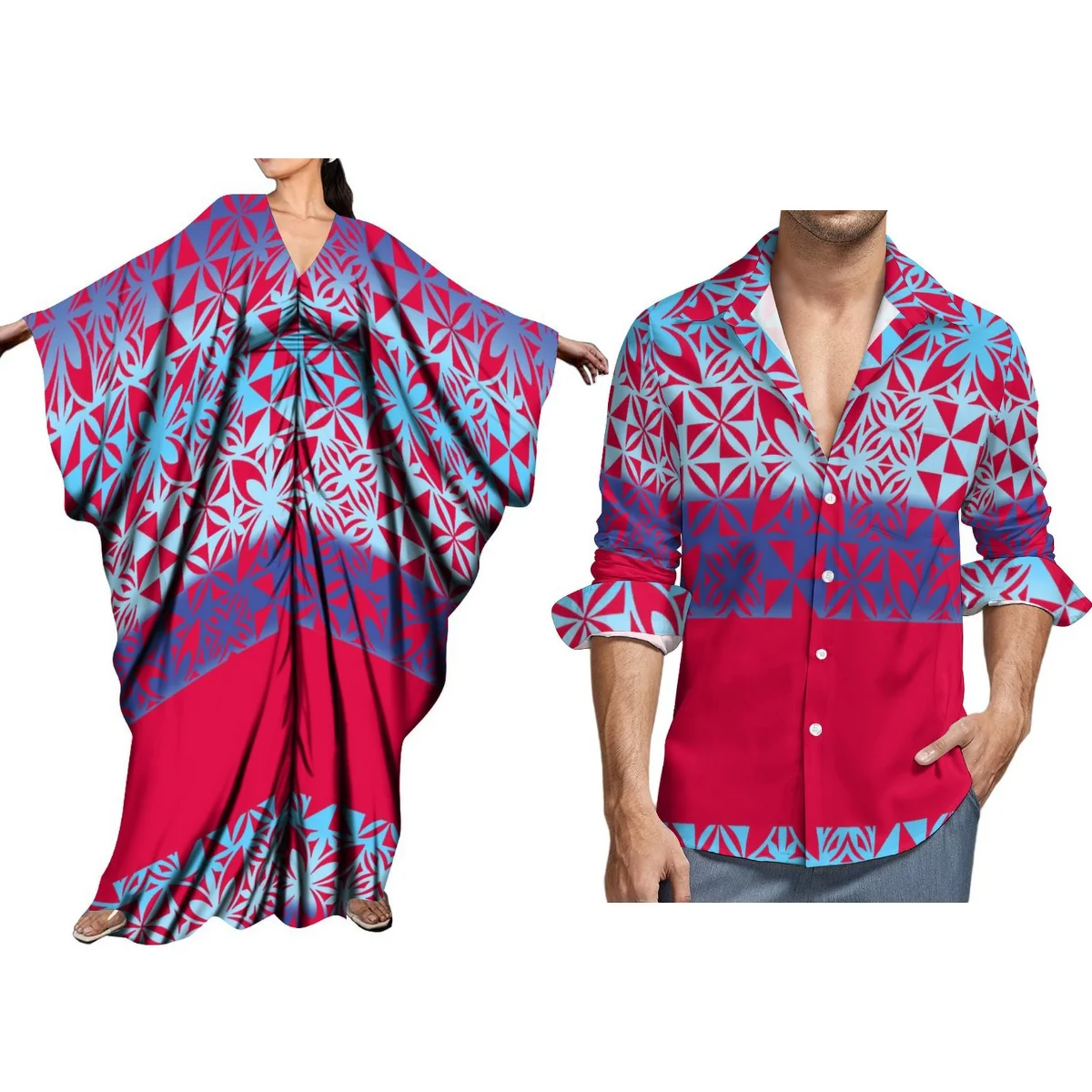 Polynesian Tribal Print Big Man Cape Dress Retro Slim-Fit Long Dress Plus Size Women'S Casual Butterfly Dress And Men'S Shirt