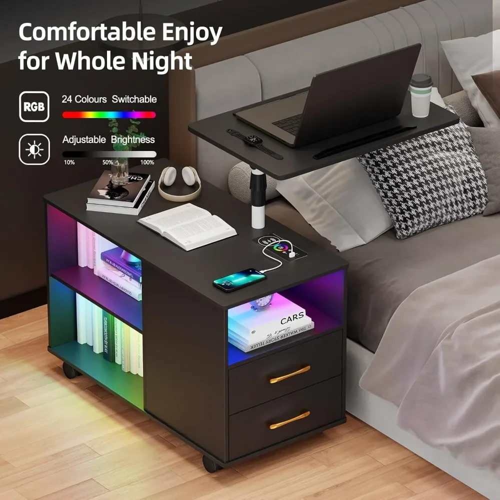 360° LED Nightstand with Wireless Charging Station, Movable Adjustable Bedside Table with Laptop Tray, Auto Sensor Night Stand