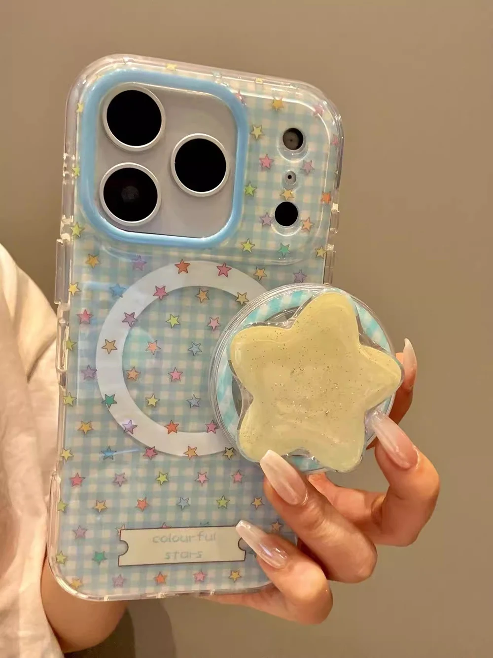 Niedliche blaue Gittermuster-Sterne mit magnetischem Griff, Tok-Handyhülle für iPhone 17, 16, 15, 14, Pro Max, kabelloses Laden für Magsafe-Abdeckung
