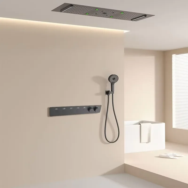 Luxury Wall Mount Rainfall Shower Set Smart Temperature Control Concealed Bathroom Faucet Kit Modern Black Gold Spa System