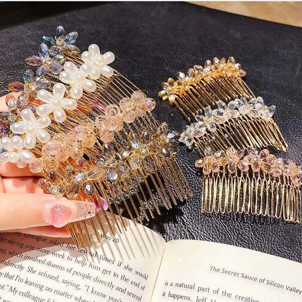 Sweet Hair Accessories Arylic Korean Style Crystal Hair Clip Kids Hair Comb Imitation Pearl Hair Claw Children Flower Hairpin