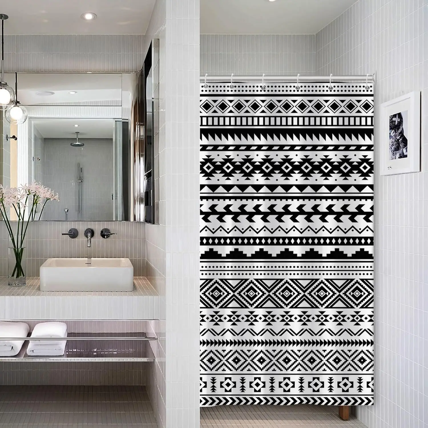 

Современная черно-белая занавеска для душа с геометрическим рисунком, декор для ванной комнаты, этнический узор, водонепроницаемая ткань, лен для ванной, дизайн домашнего интерьера, идея