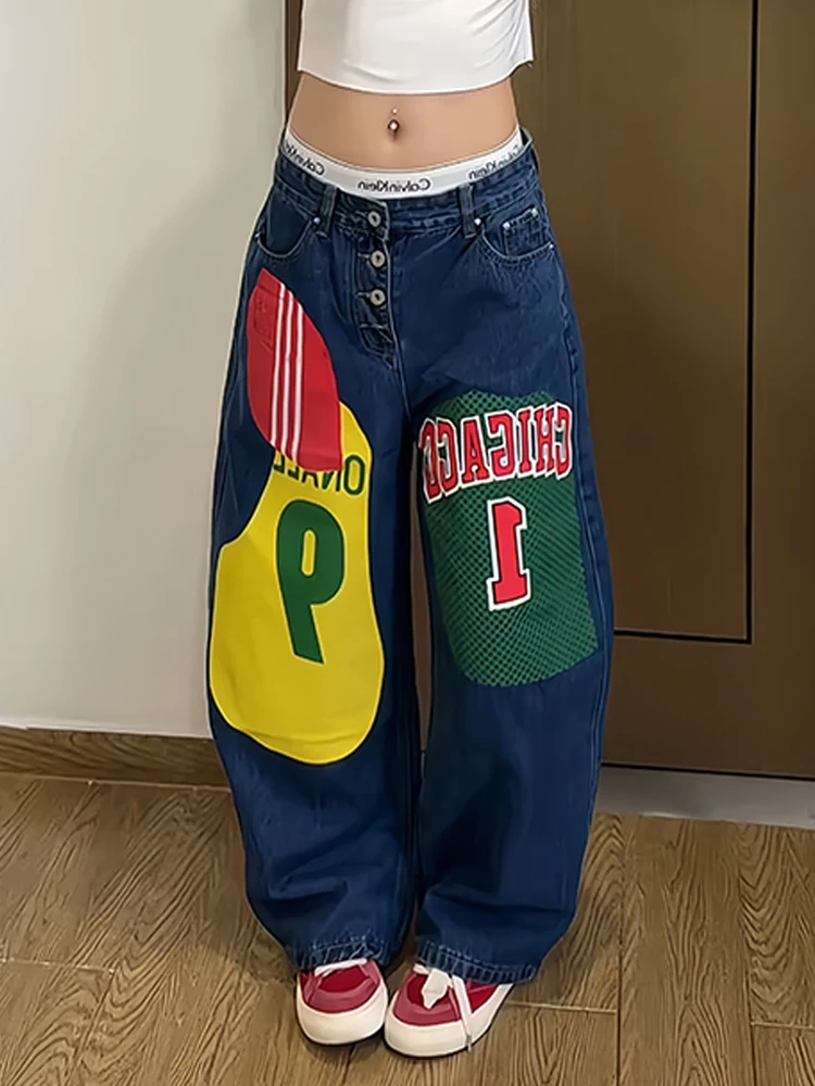 Loose Floor-Length Denim Jeans Women's American Style Trendy Print Casual Bf Lazy Style Fall Long Pants Soft Wear Resistant