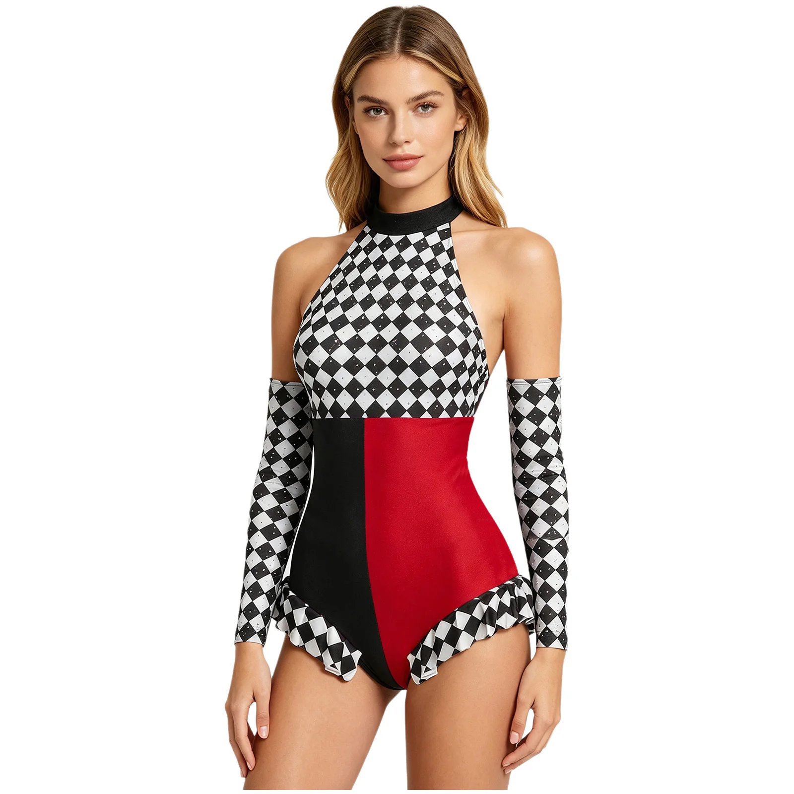 Womens Clown Cosplay Costume Halter Backless Ruffled Leotard with Rhinestone Checkerboard Gloves for Halloween Carnival Outfits view 3