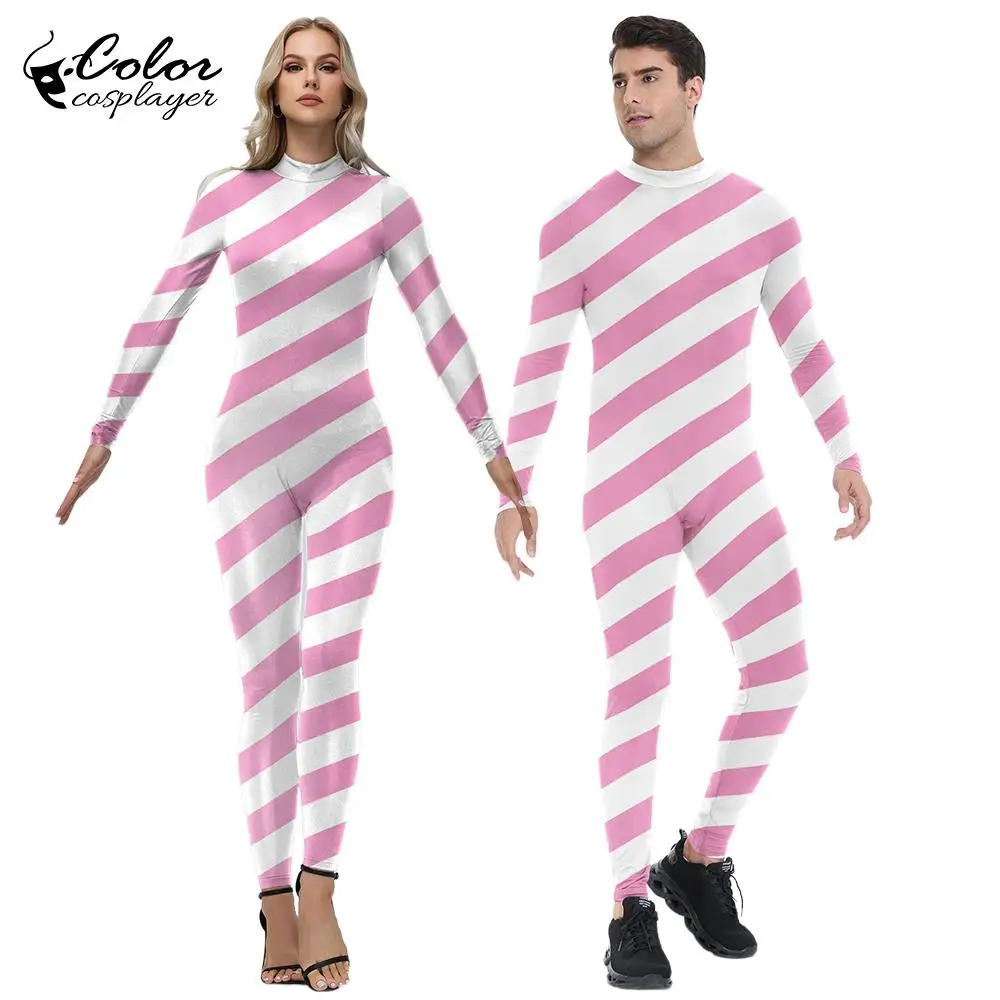 Color Cosplayer Pink Candy Cane Jumpsuit Stripe Cosplay Costume Halloween Outfit Festival Xmas Bodysuit Christmas Party Zentai