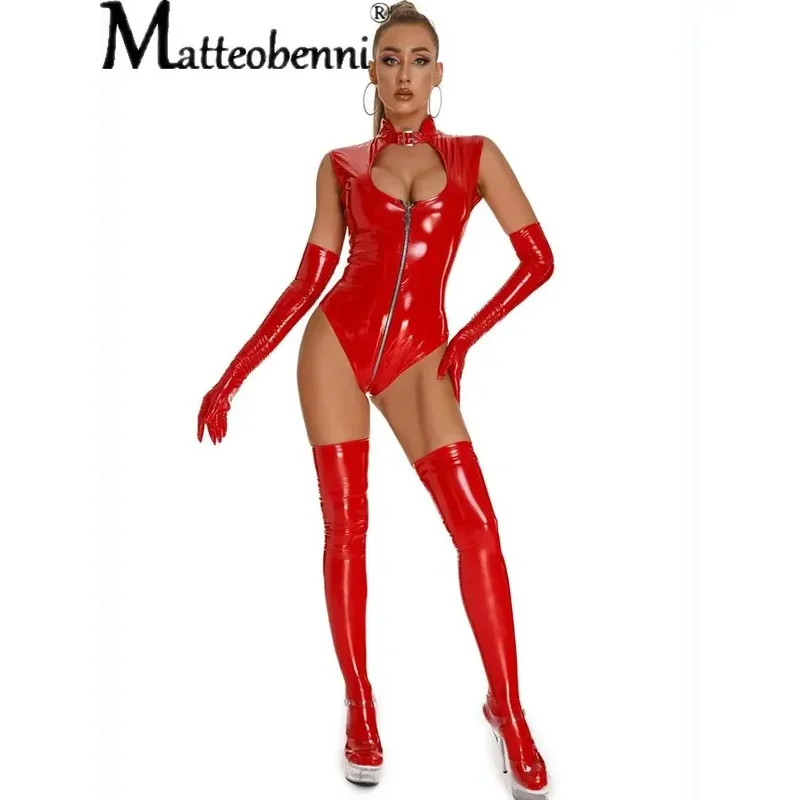 Sexy Collow out women PU Faux Leather Lingerie Budysits Latex PVC Catfollow Fetish Lingerie Ladies Erotic Open Crotch Clubwear