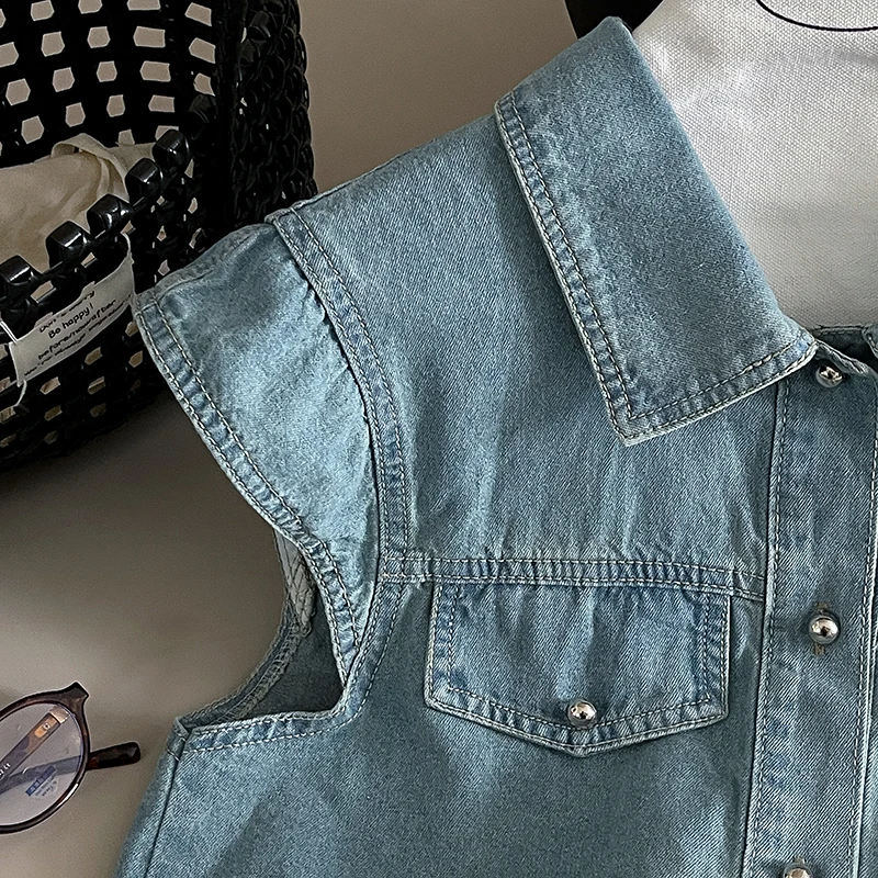 المرأة قميص دينيم رفض طوق تحلق كم قصير الأزرق بلايز المحملة الإناث الصيف موضة فضفاض البلوز الجينز القمم المحملة #5