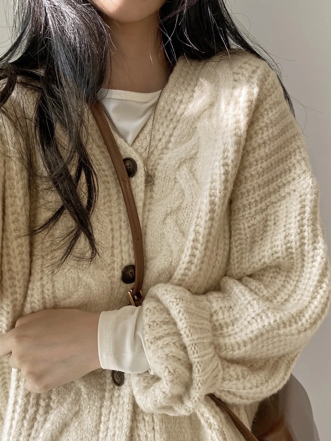 Chic V-Ne Bubble Sve suéter cárdigan abierto de punto suelto para mujer Otoño Invierno Simple Lazy Sle fibra de poliéster largo Sl...