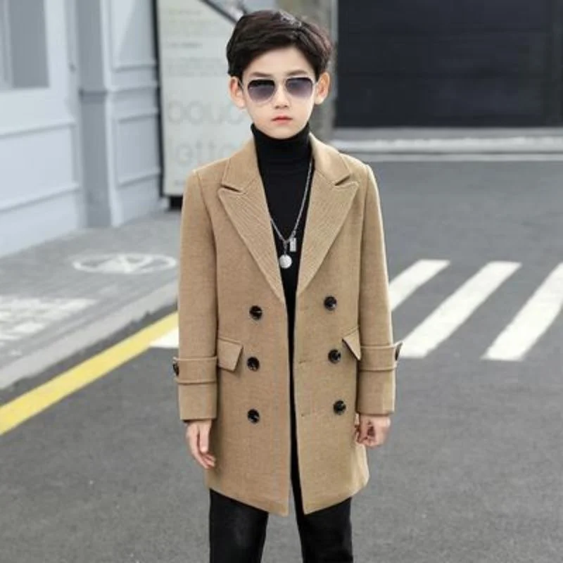 

Boys Woolen Coat Overcoat Jacket Windbreak 2024 Khaki Warm Plus Thicken Autumn Winter Cotton School Children's Clothing