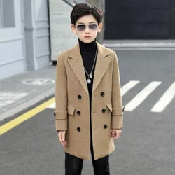 Boys Woolen Coat Overcoat Jacket Windbreak 2024 Khaki Warm Plus Thicken Autumn Winter Cotton School Children's Clothing