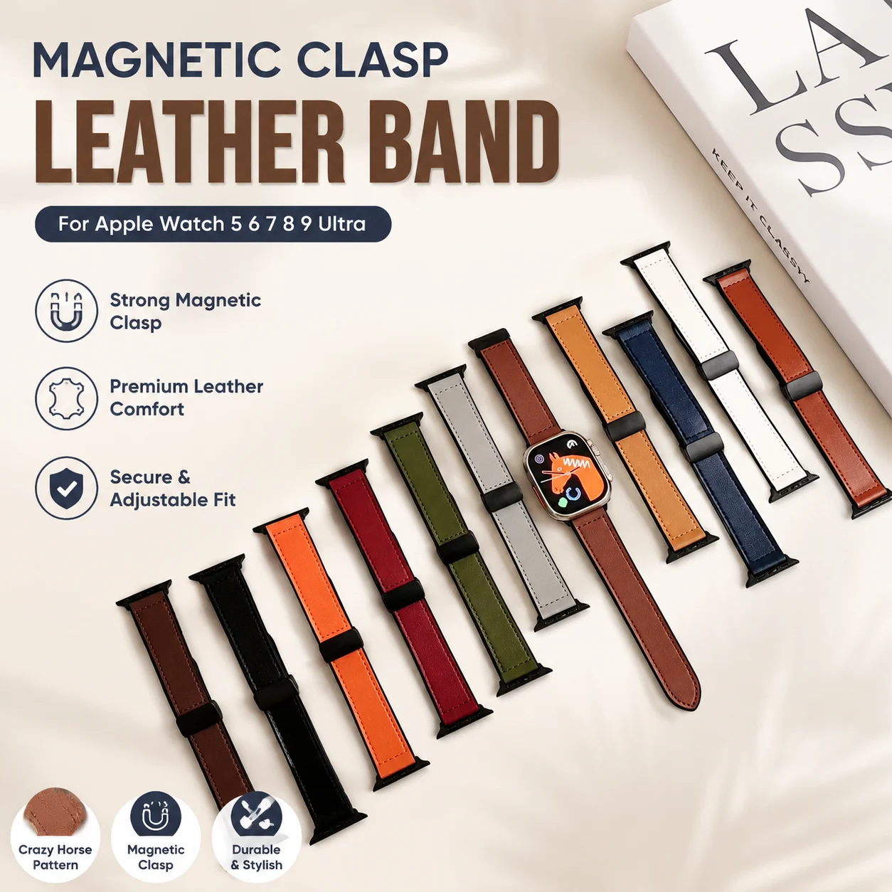 Magnetic Clasp Crazy Horse Pattern Silicone Leather Case Band for Apple Watch 5 6 7 8 9 Ultra