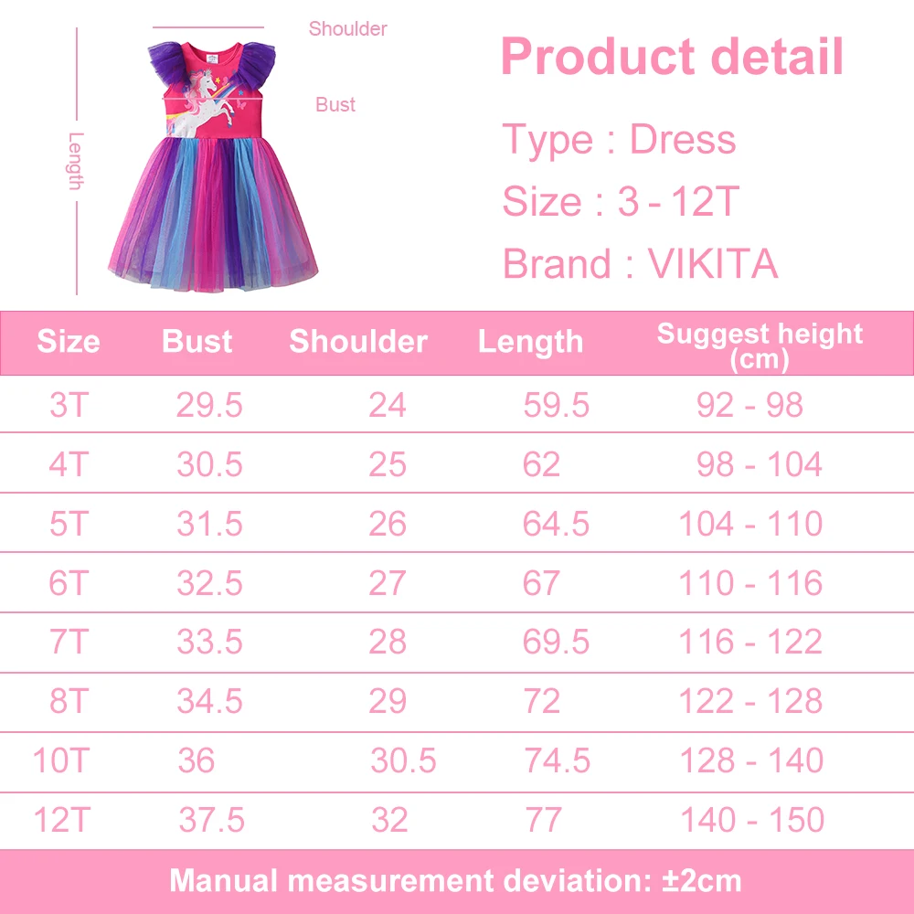 VIKITA Girls Licorne Cartoon Print Dress Kids Flare Sleeve Summer Dresses Infantil Vestidos Girl Colorful Rainbow Princess Dress