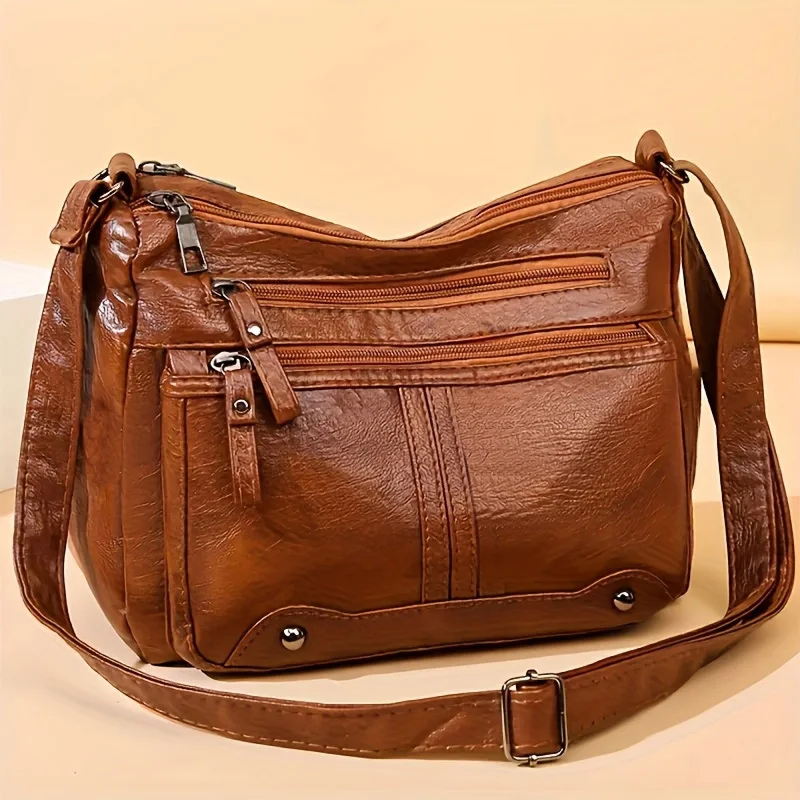Ins Hot Retro Damen-Umhängetasche aus Leder mit Used-Look, Crossbody-Tasche mit mehreren Reißverschlusstaschen, trendige, geräumige, verstellbare Schultertasche – Detail 1