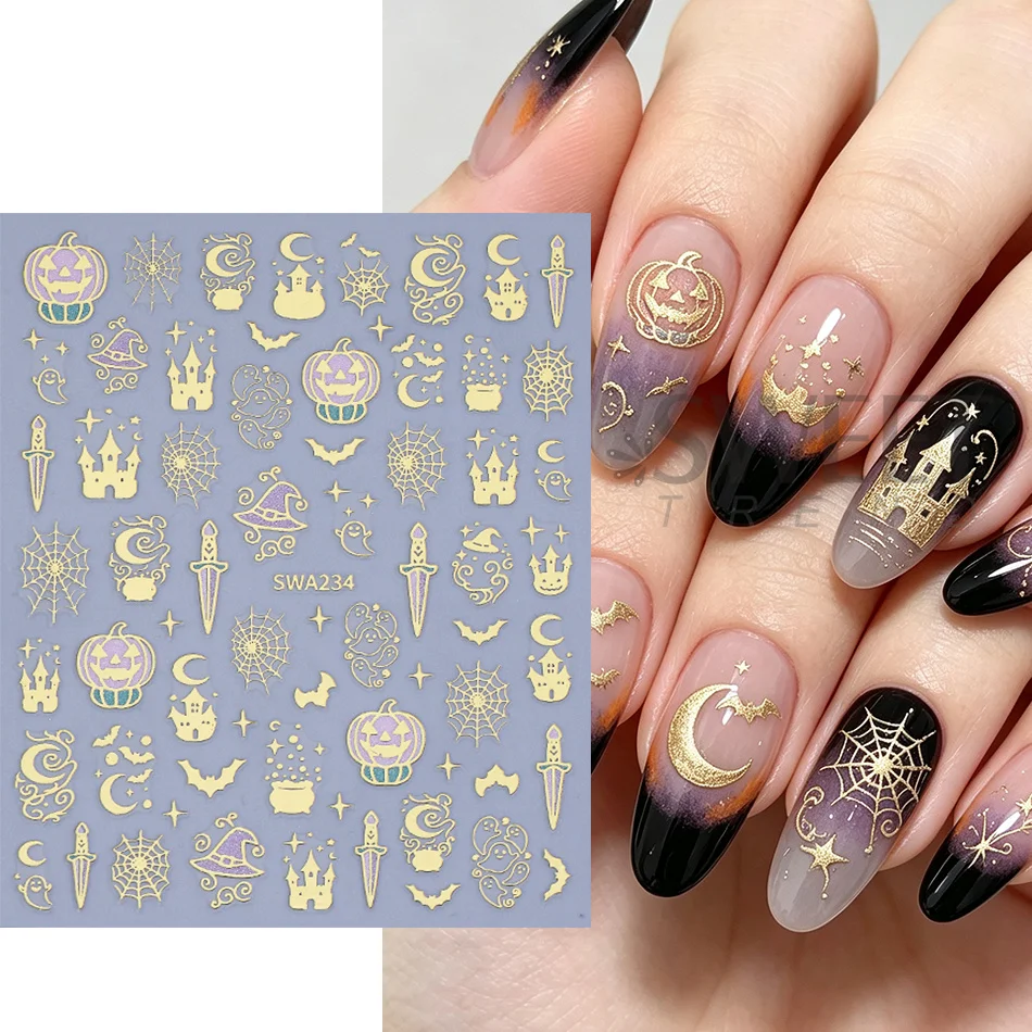 2pcs Gothic Halloween Nail Sticker Bronzing Golden Dragon Sword Castle Pumpkin Bat Spider Web Nail Decals Manicure Decorations