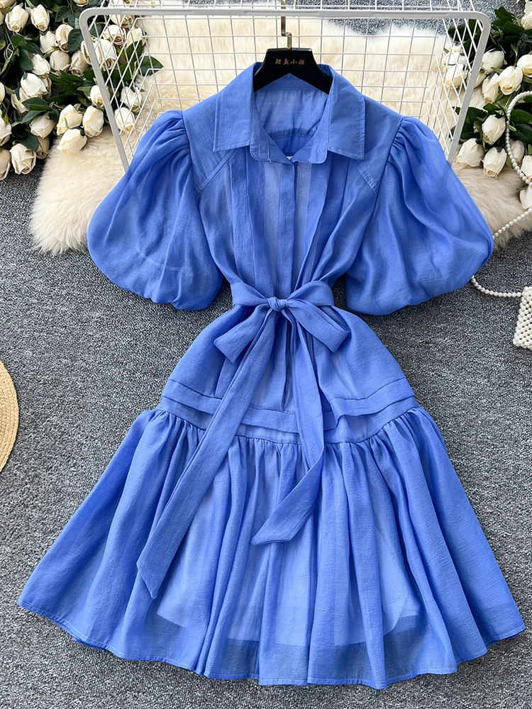 

Summer Women's Fluffy A-line Short Dress New White Blue Fashionable Birthday Beach Vacation Short Sleeved Dress Female B02