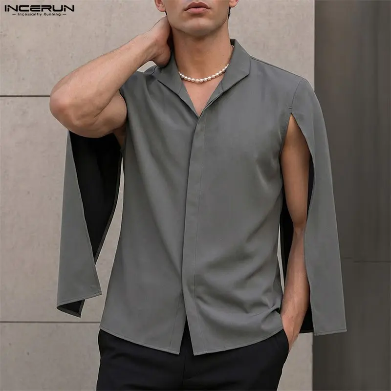 INCERUN Men's Shirt Solid Color Stand Collar Casual Ponchos Cloak For Man Tops Streetwear Personality 2026 Loose Men Clothes
