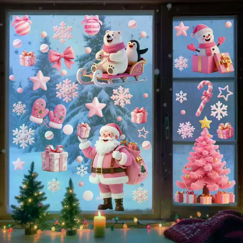 สติ๊กเกอร์ติดกระจกคริสต์มาส ลายซานต้า มนุษย์หิมะ กวางเรนเดียร์ สุขสันต์วันคริสต์มาส ลายวินเทอร์วันเดอร์แลนด์