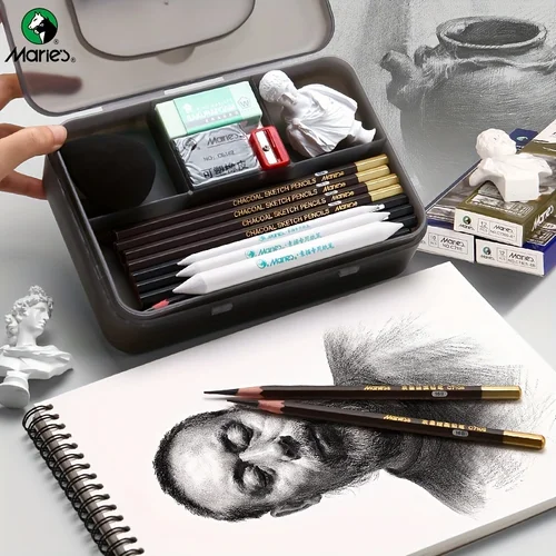 Imagen 2 del producto Juego de lápices Marie's 23/27 piezas con caja de doble capa con grafito carbón, lápices, borradores, cuchillo, para pintar, escribir para adultos