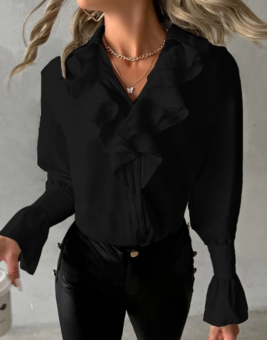 Women Fashion Ruffled Blouse Youthful Woman Clothes Temperament Commuting Women's Casual V-Neck Long Sleeve Shirt Top Y2K