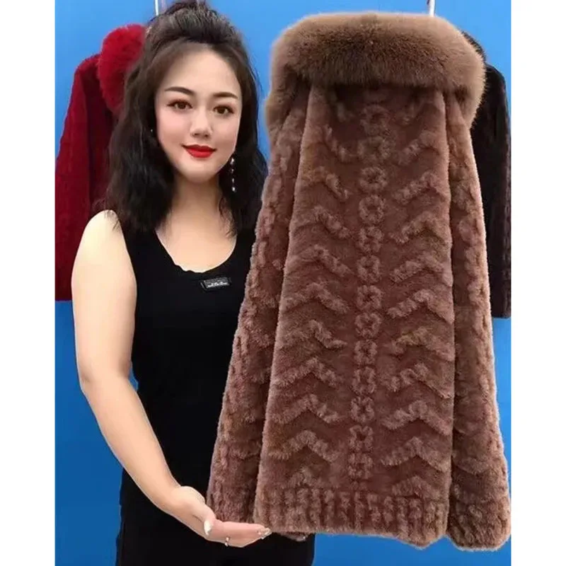 Autumn Winter Mother's Woolen Coat Large Size Imitation Mink Velvet Jacket Women Loose Thicken Zipper Knitted Cardigan Overcoat