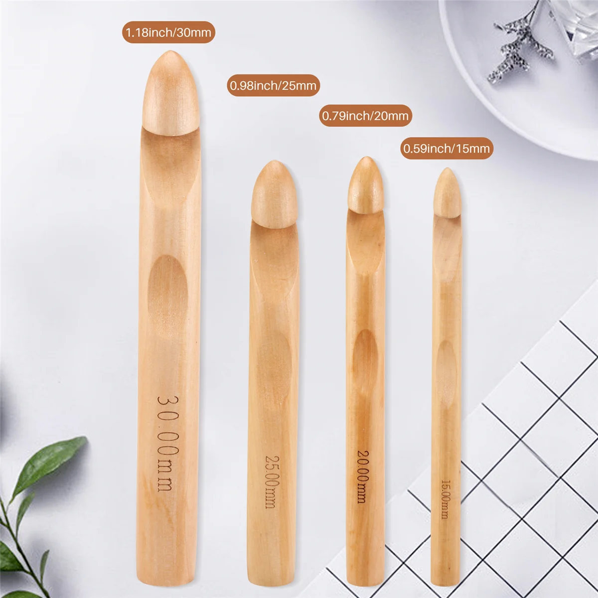 เข็มโครเชต์ขนาดใหญ่ L74A 15 มม. 20 มม. 25 มม. 30 มม. ชุดเข็มโครเชต์ไม้สำหรับไหมพรมเส้นใหญ่, เข็มโครเชต์ขนาดใหญ่สำหรับงานถักโครเชต์