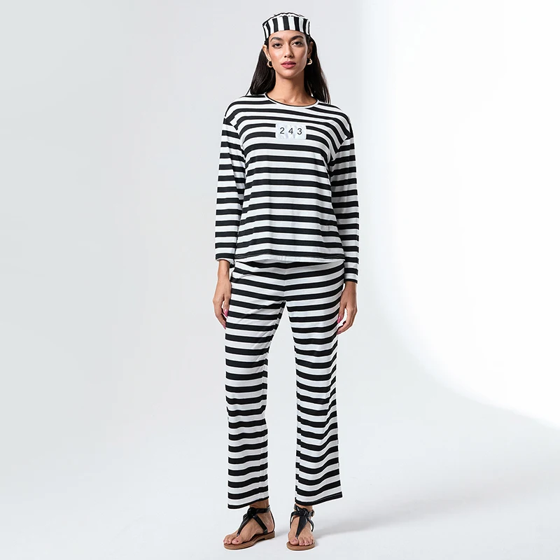 New Women Halloween Prisoner Costume Set Striped Long Sleeve Tops Long Pants Hat Funny Cosplay Clothes Hot Sale S-XL