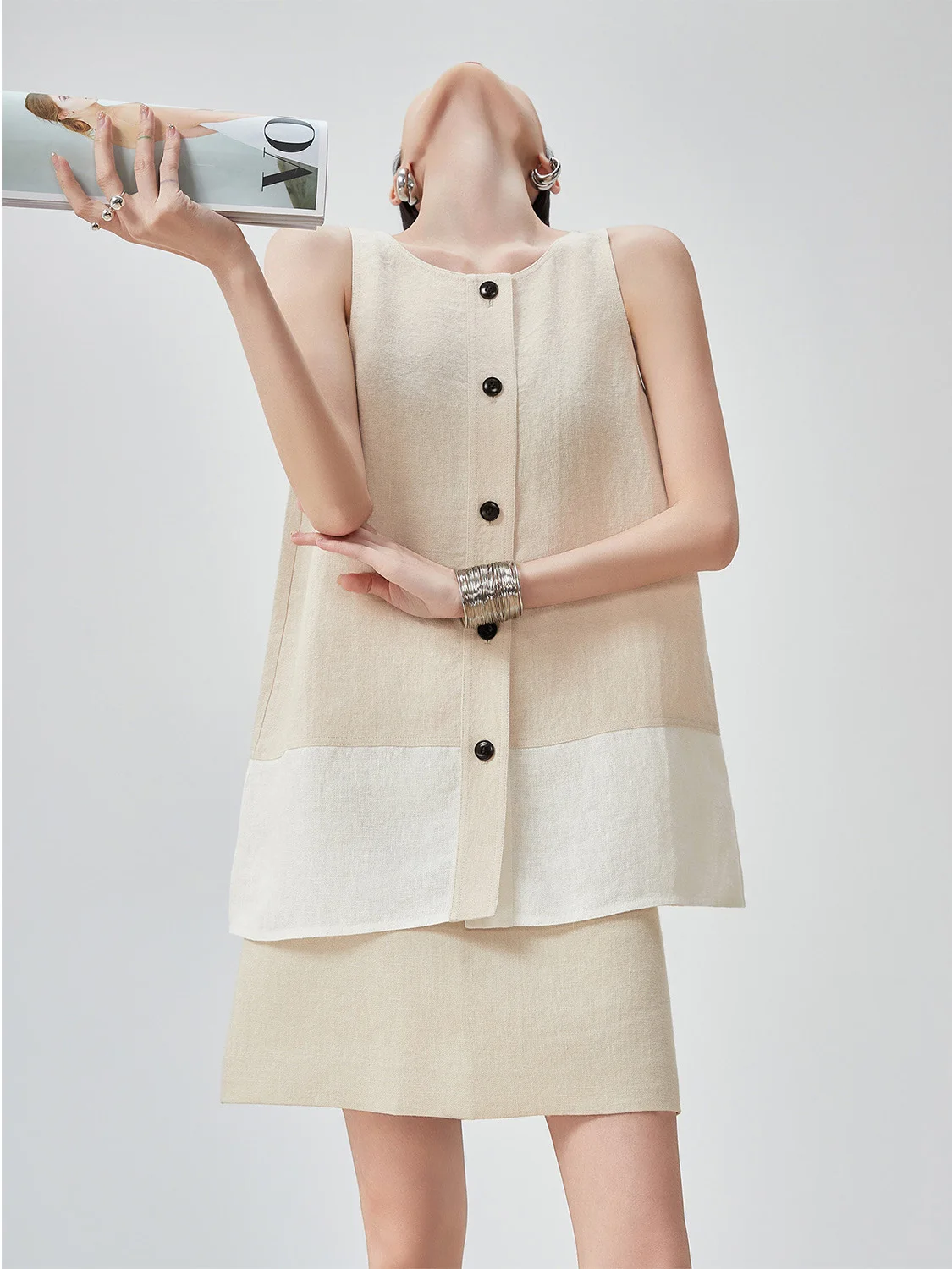 

High Waist A-Line Skirt And Sleeveless Top Color Block Set Women's Summer New Loose Fit Fashion Ensemble Polyester Fiber