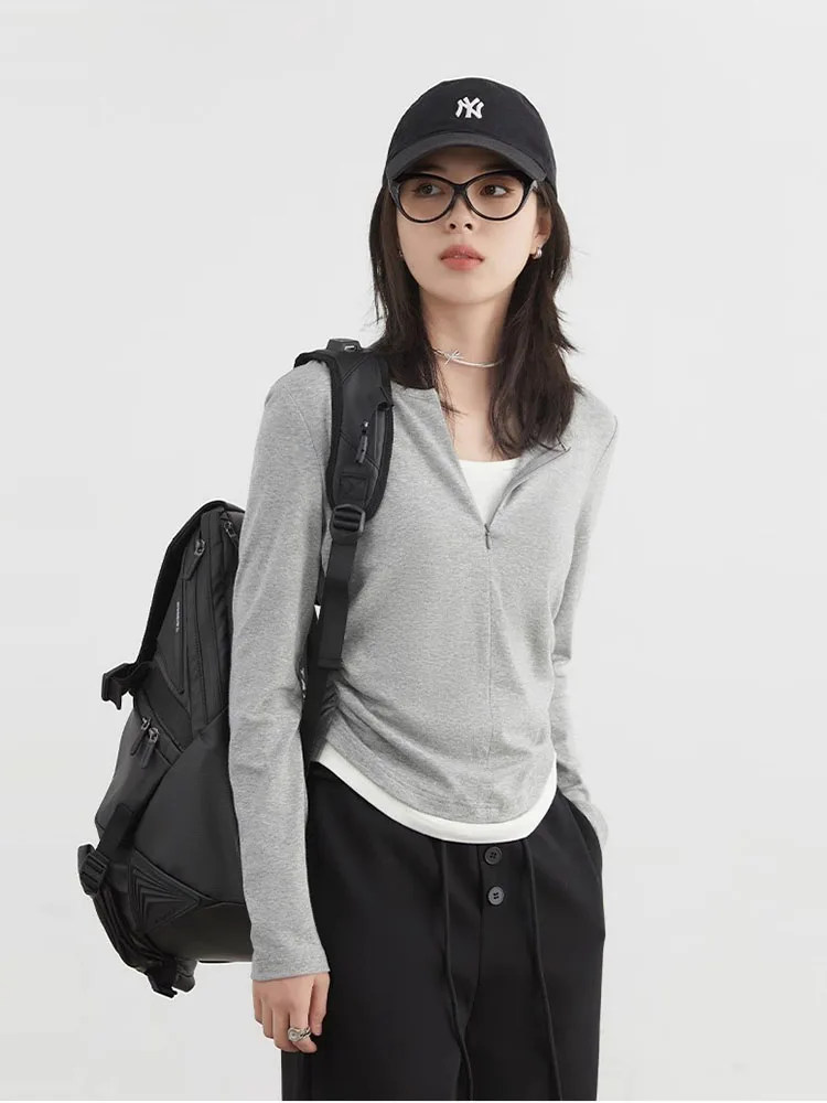 CHIC VEN Women T-Shirts Casual O Neck Slim Contrasting Pleated Knit Tees with Half Zipper Female Top Pullover Spring Summer 2025