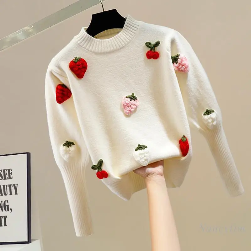 

Fashionable Black Sweater Contrasting Colors Sweet Three-dimensional Cherry Strawberry Round Neck Pullover Sweater Women's Pull