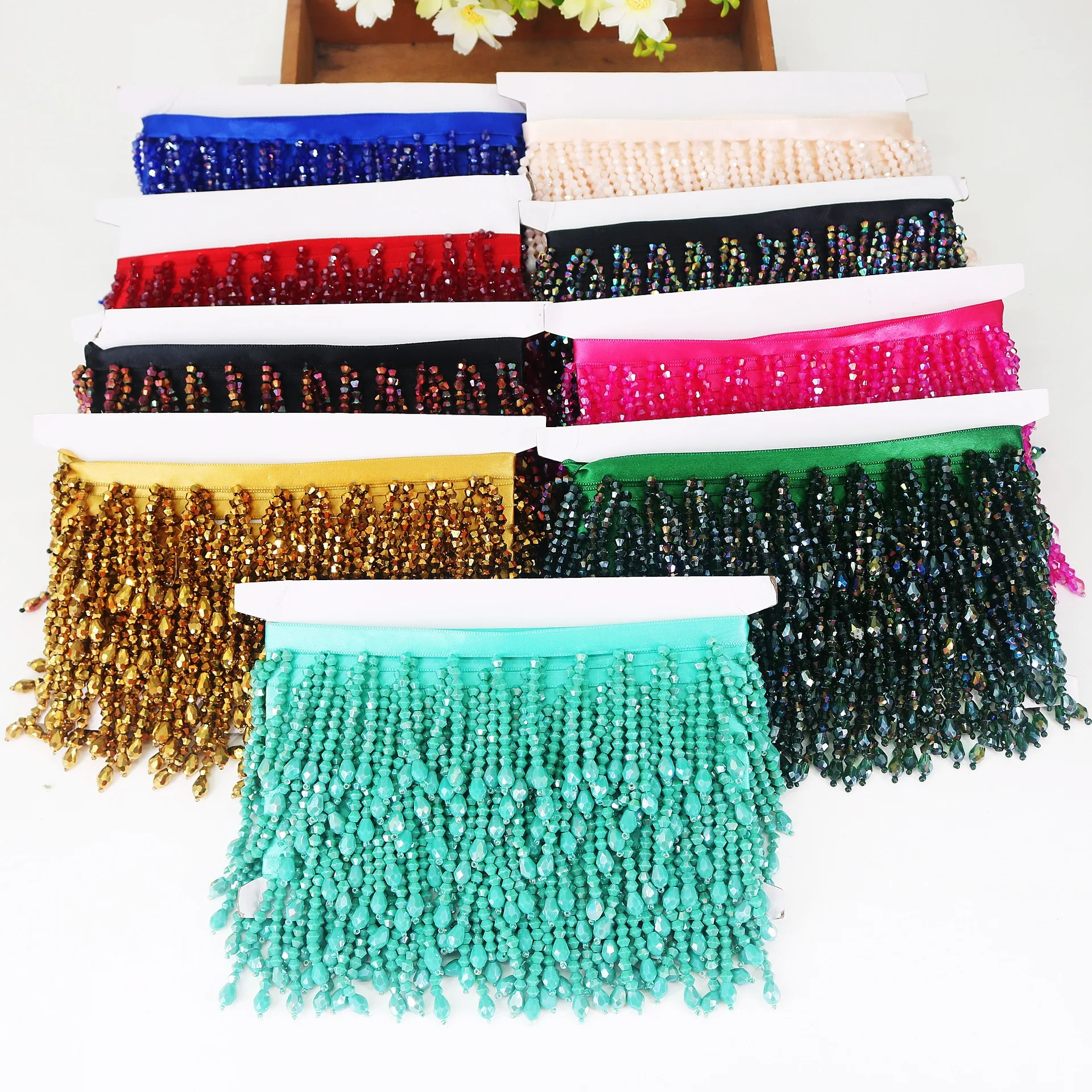 Royal Blue Green Crystal Pendant Bead Fringe Lace DIY Clothing Stage Clothing Home Curtain Trim Headwear Decorative Accessories