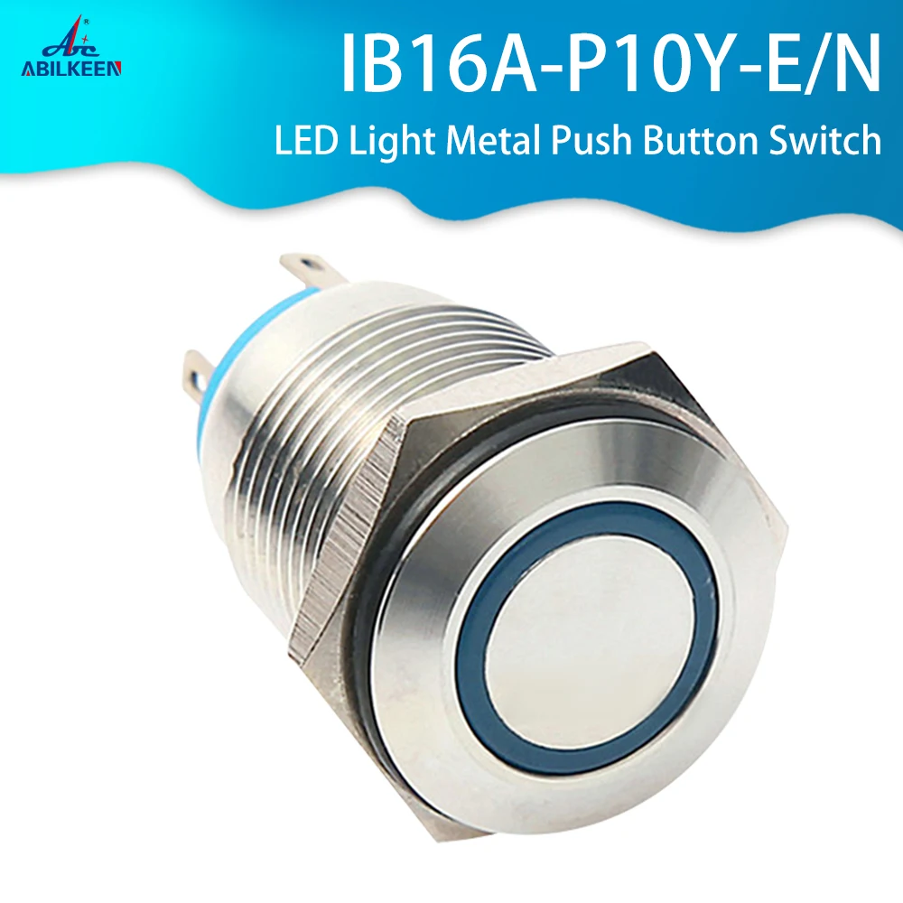 16mm Mounting Diameter Momentary 1NO 12V Red Blue Yellow White Green LED Light Metal Push Button Switch